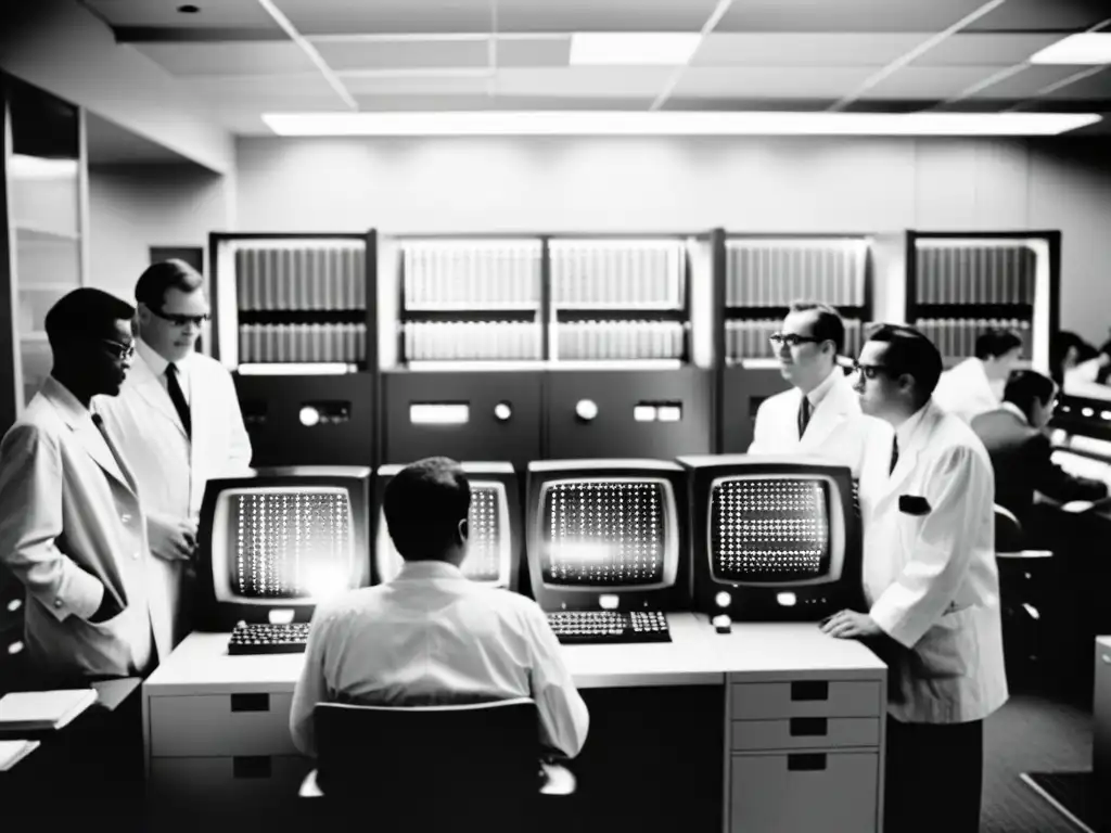 Grupo de programadores vintage concentrados alrededor de una mainframe