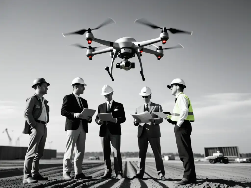 Grupo de topógrafos usando drones vintage para cartografiar un sitio de construcción, con la ciudad de fondo