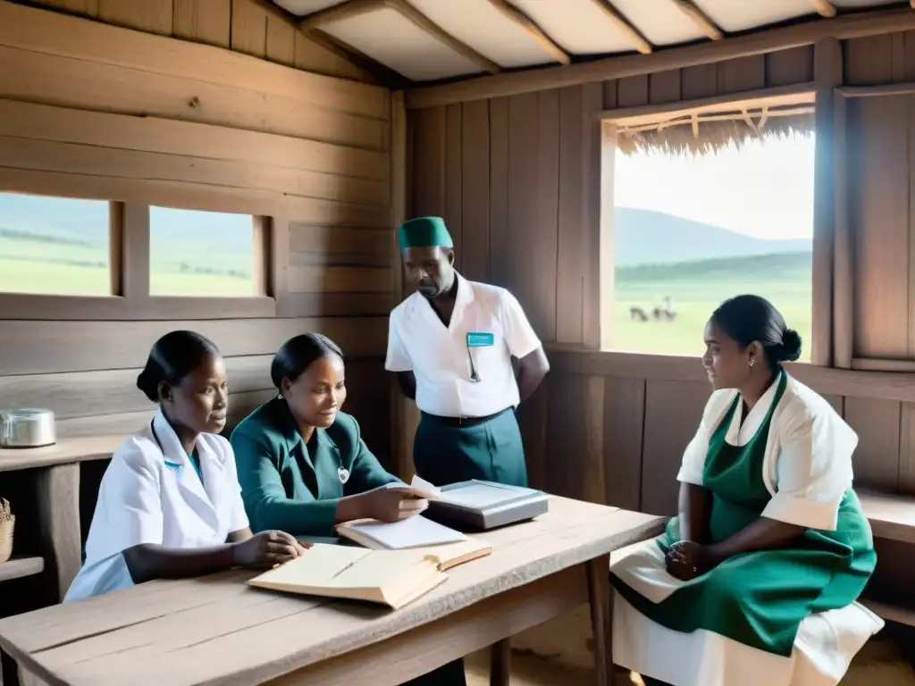 Un grupo de trabajadores de la salud usa tecnología para mejorar la salud remota en una clínica rural