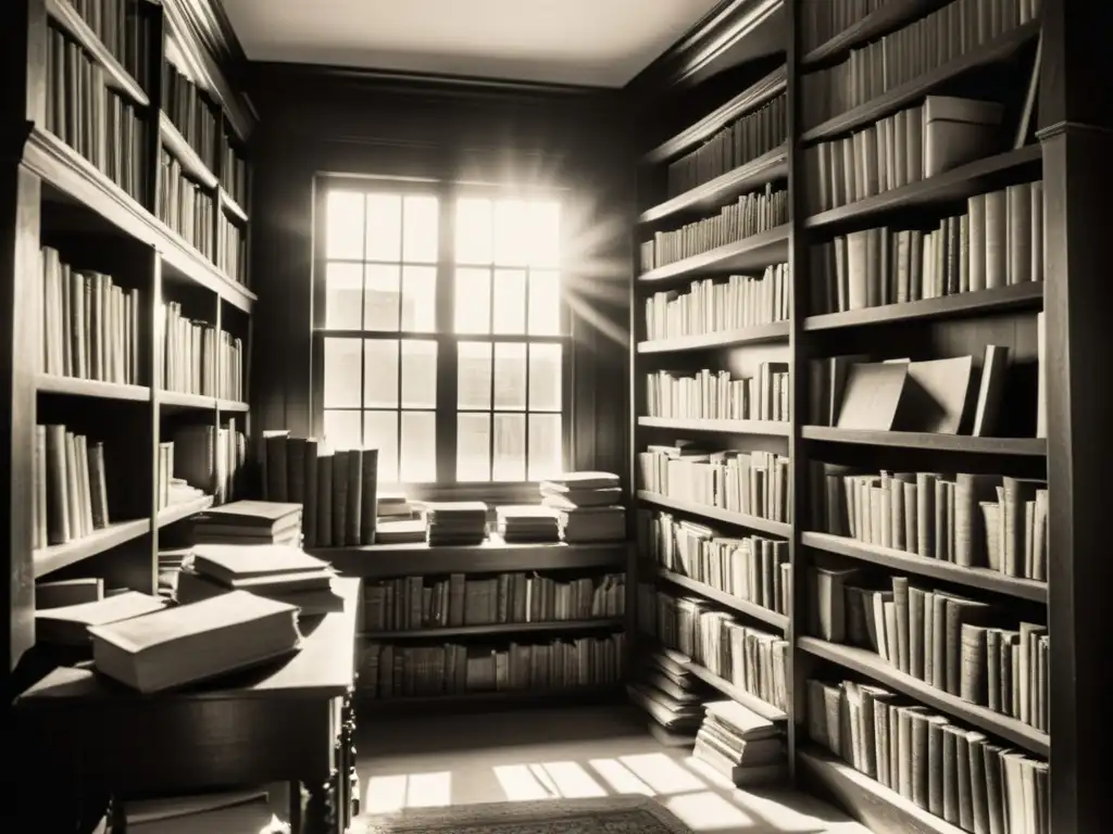 Caos literario: Torre de libros antiguos en un cuarto iluminado Una habitación caótica llena de libros y papeles antiguos, bañada por la luz del sol
