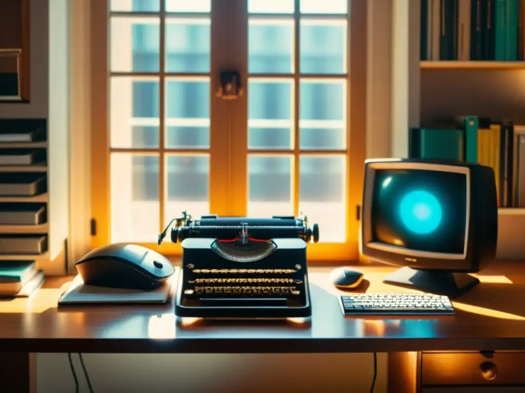 Contraste de tecnología: evolución y nostalgia en una habitación soleada Una habitación con una máquina de escribir clásica y una computadora moderna en contraste, bañada por la cálida luz del sol