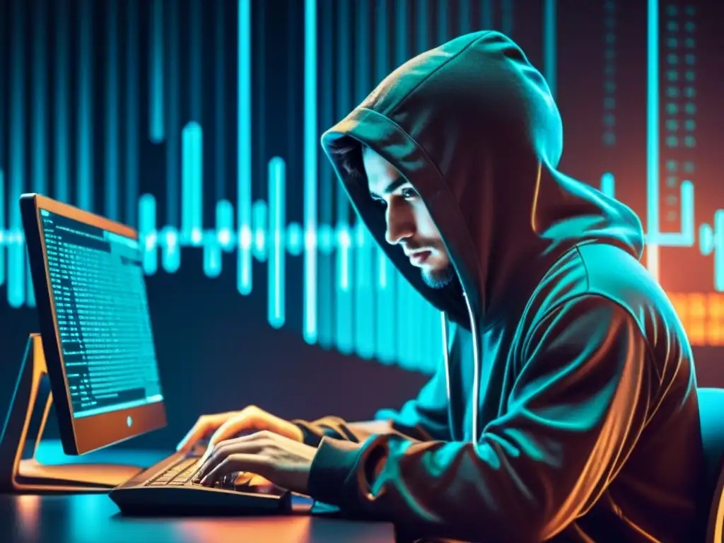 El hacker con capucha trabaja en un código, rodeado de gráficos futuristas