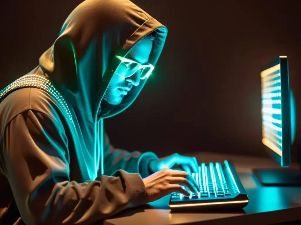 Un hacker con capucha se ilumina con la pantalla de un ordenador, reflejando líneas de código en sus gafas