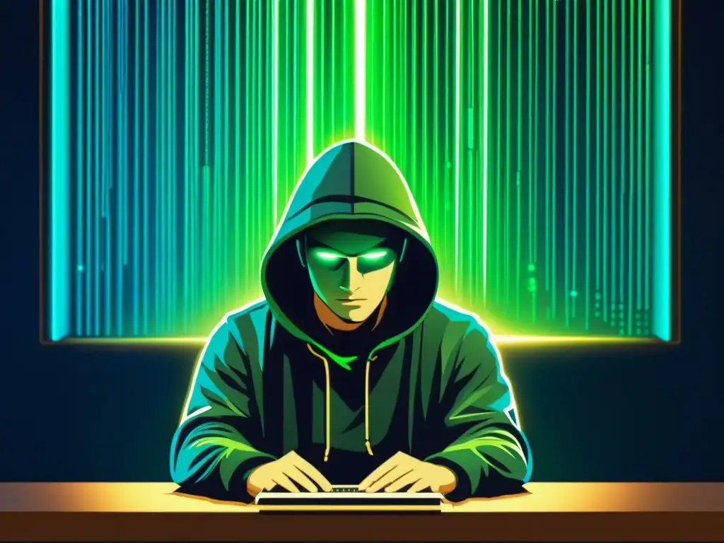 Un hacker contemplativo en la penumbra, rodeado de elementos tecnológicos, transmite misterio y expertise