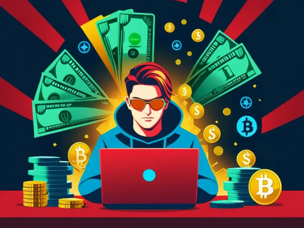 Un hacker manipula criptomonedas rodeado de dinero y símbolos digitales