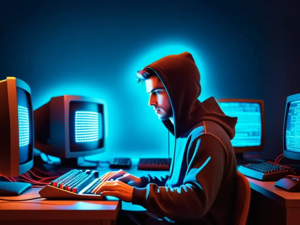 Un hacker solitario trabaja en la oscuridad, rodeado de equipo informático antiguo