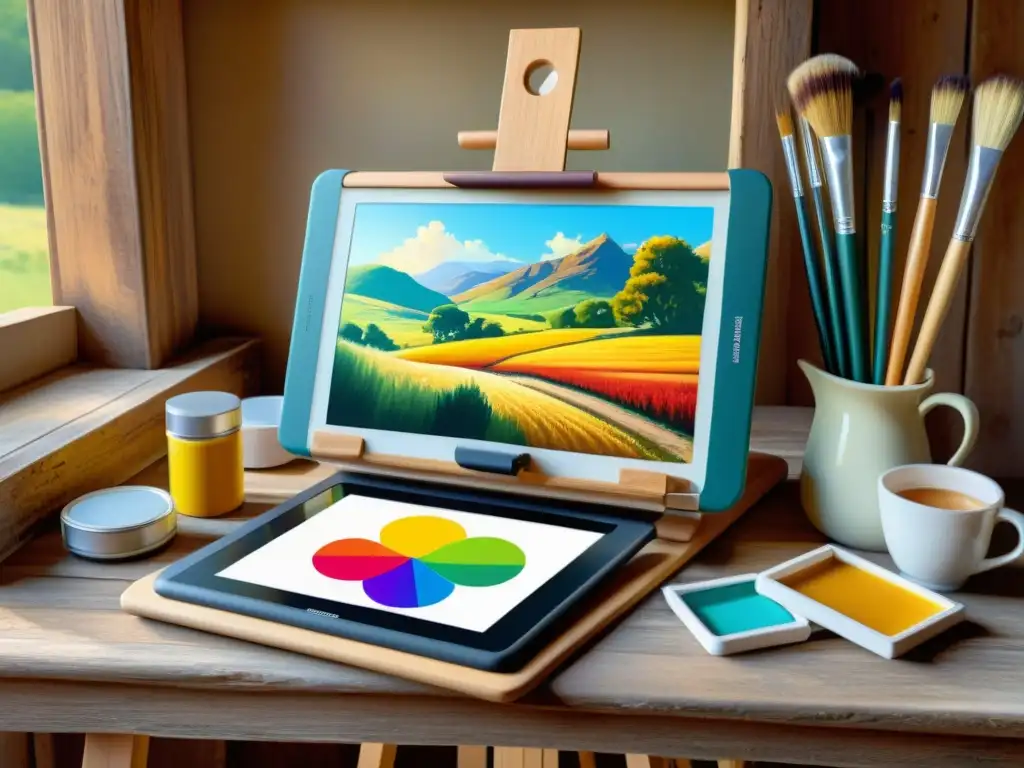 Tableta digital en caballete: fusión artística Herramientas digitales para artistas tradicionales: Fusión de arte tradicional y digital en una cálida y nostálgica escena de creatividad atemporal
