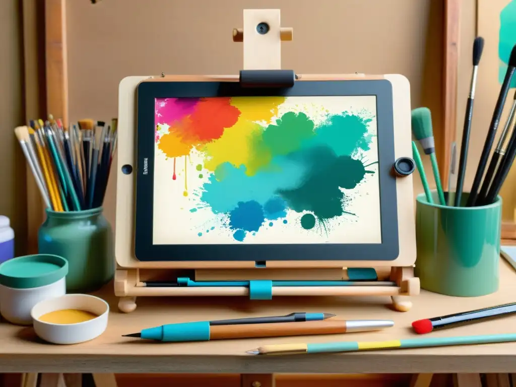 Arte digital y tradicional en armonía Herramientas digitales para artistas tradicionales: una tableta y un atril rodeados de suministros de arte, iluminados por una cálida luz ambiental