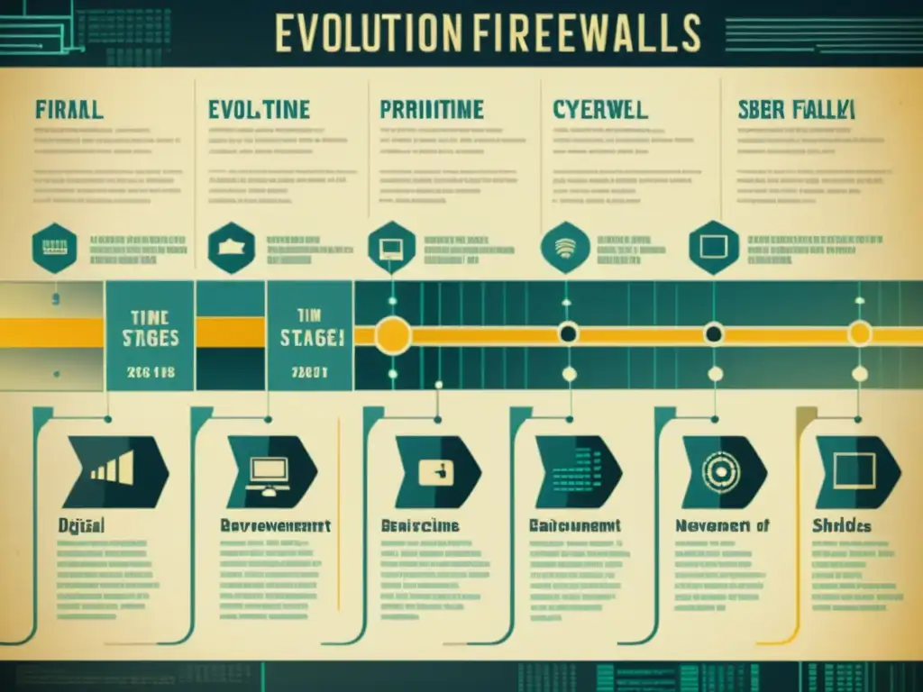 Ilustración vintage de la historia evolución firewalls cibernéticos, desde primitivas barricadas digitales hasta avanzados escudos de inteligencia artificial