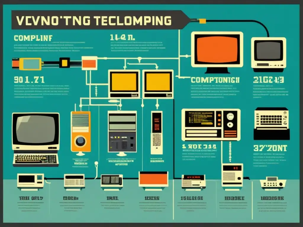 Infografía vintage sobre la historia y evolución de la computación, con detalles intrincados y estética nostálgica