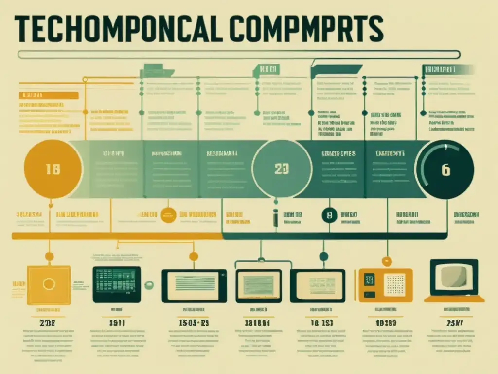 Infografía vintage de la historia de la evolución de la computación, con ilustraciones detalladas en tonos apagados y estética clásica