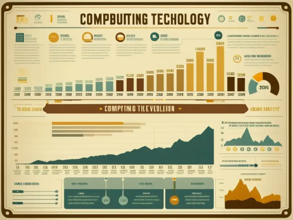 Infografía vintage de la historia y evolución de la computación, con ilustraciones detalladas y tonos sepia para evocar nostalgia