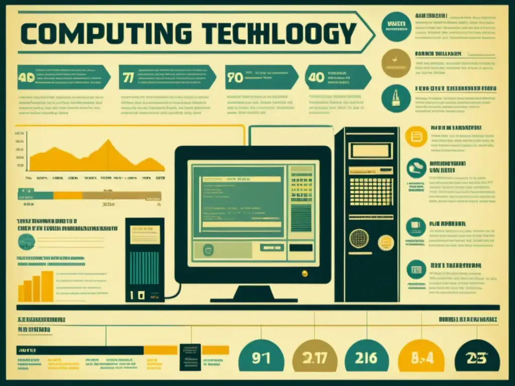 Infografía vintage que muestra la historia de la evolución de la computación, desde mainframes hasta dispositivos móviles modernos