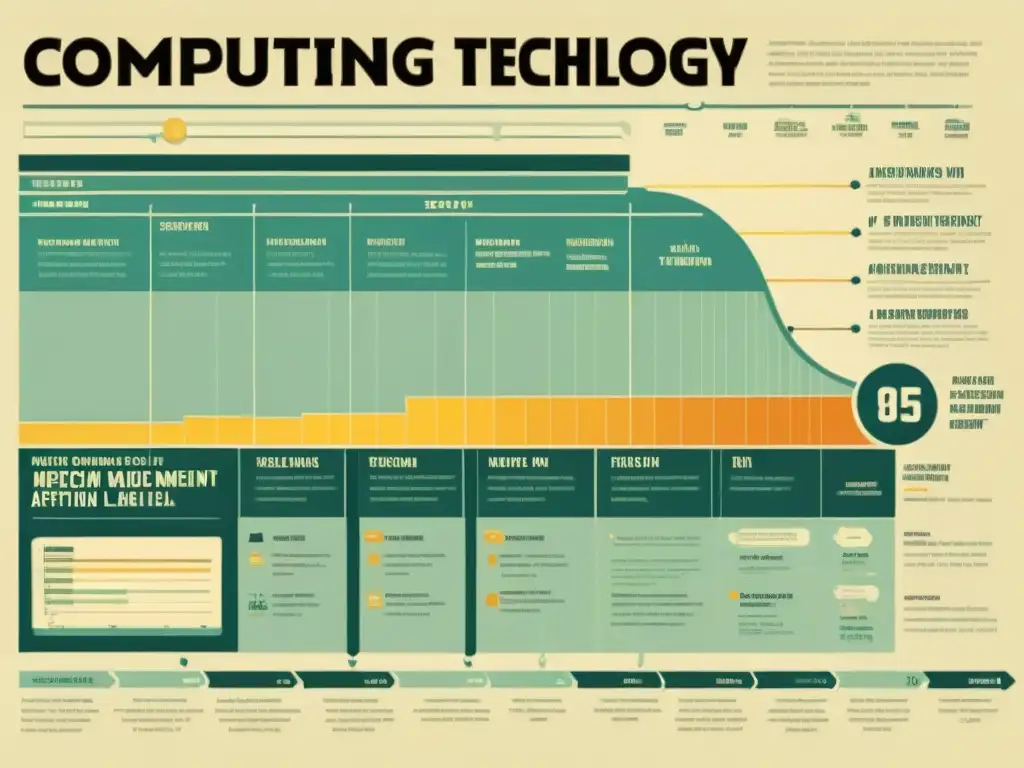 Infografía vintage ilustrando la historia y evolución de la computación, desde máquinas mecánicas hasta algoritmos de IA y machine learning