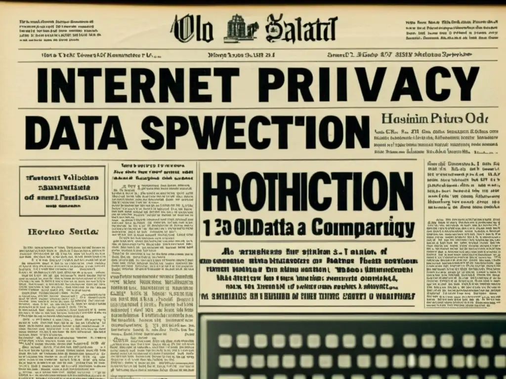 Artículo de periódico vintage sobre la historia de la vigilancia en Internet y la protección de datos personales, con estética nostálgica