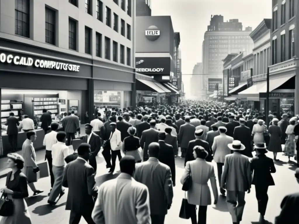 Hito clave en la historia de la computación: una concurrida calle urbana con una tienda de computadoras vintage en el fondo