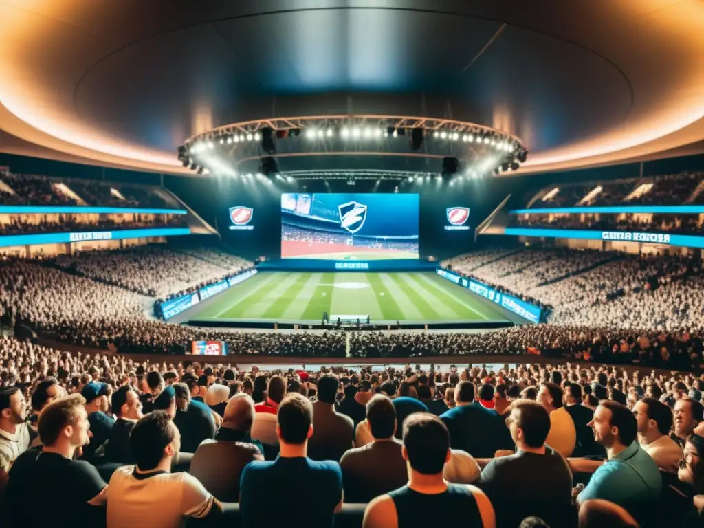 Hitos icónicos en la historia de los Esports: multitud emocionada y jugadores en plena competición en un estadio lleno, con pantalla gigante iluminada