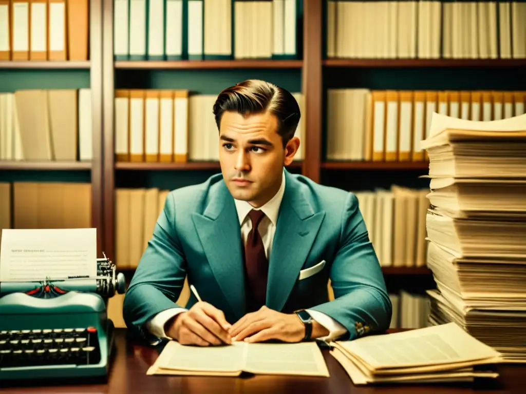 Un hombre en traje, sentado entre pilas de boletines y una máquina de escribir vintage, sumido en pensamientos