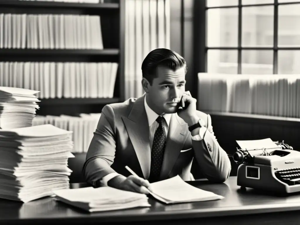 Un hombre en traje contempla con seriedad una ventana desde su escritorio, rodeado de papeles y una máquina de escribir vintage, capturando el impacto emocional de la gestión financiera digital