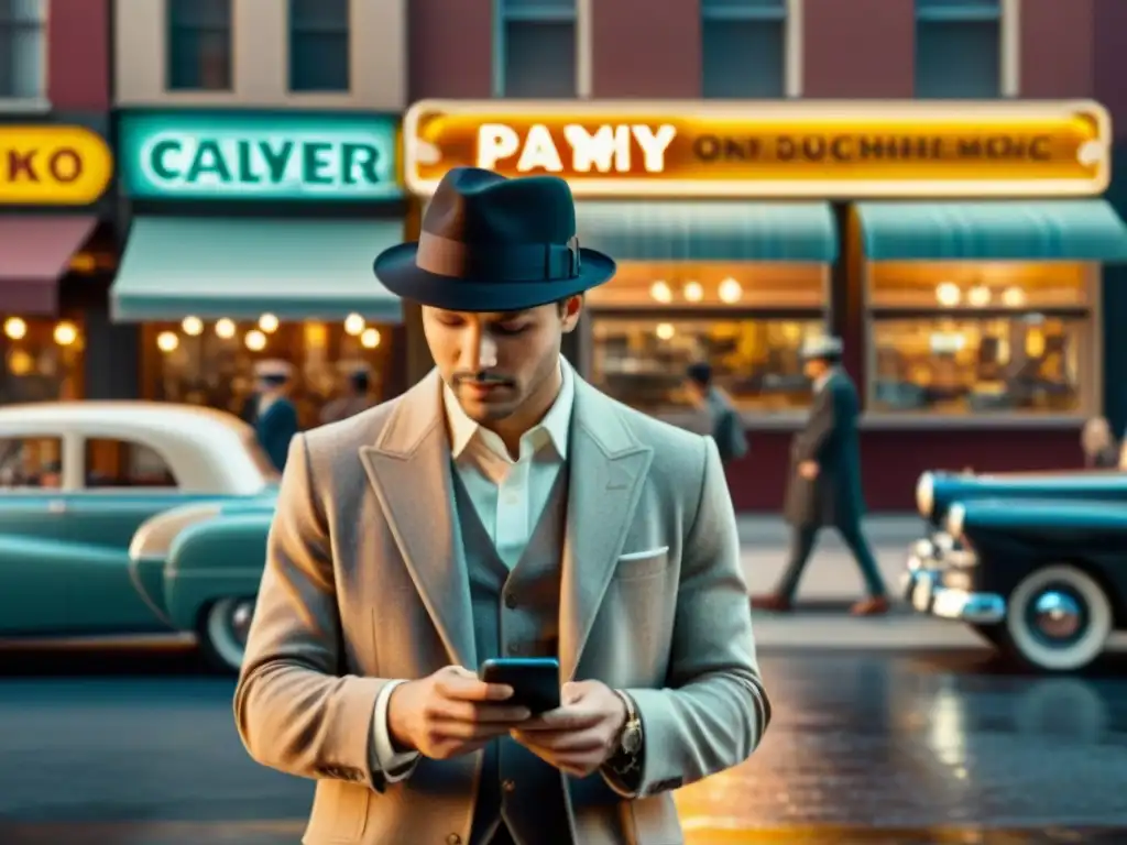 Un hombre de traje y sombrero hace un pago online con su smartphone en una bulliciosa calle vintage