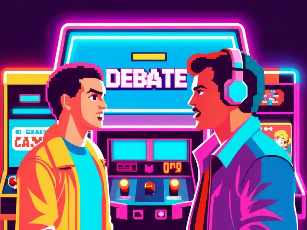 Una ilustración vintage de un acalorado debate rodeado de personajes pixelados y símbolos de videojuegos, en un arcade retro