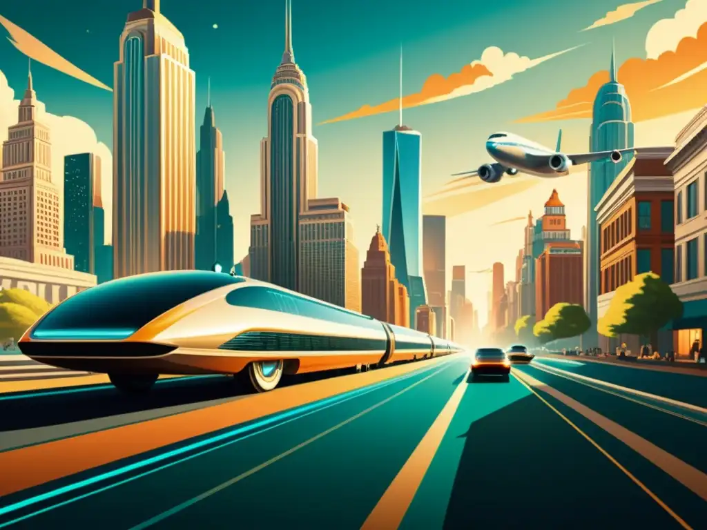 Una ilustración antigua de una ciudad futurista, con rascacielos imponentes y vehículos aerodinámicos