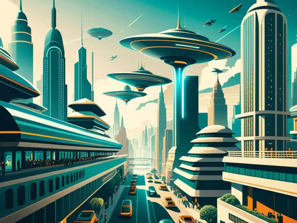 Una ilustración antigua de una ciudad futurista, con edificios imponentes y coches voladores