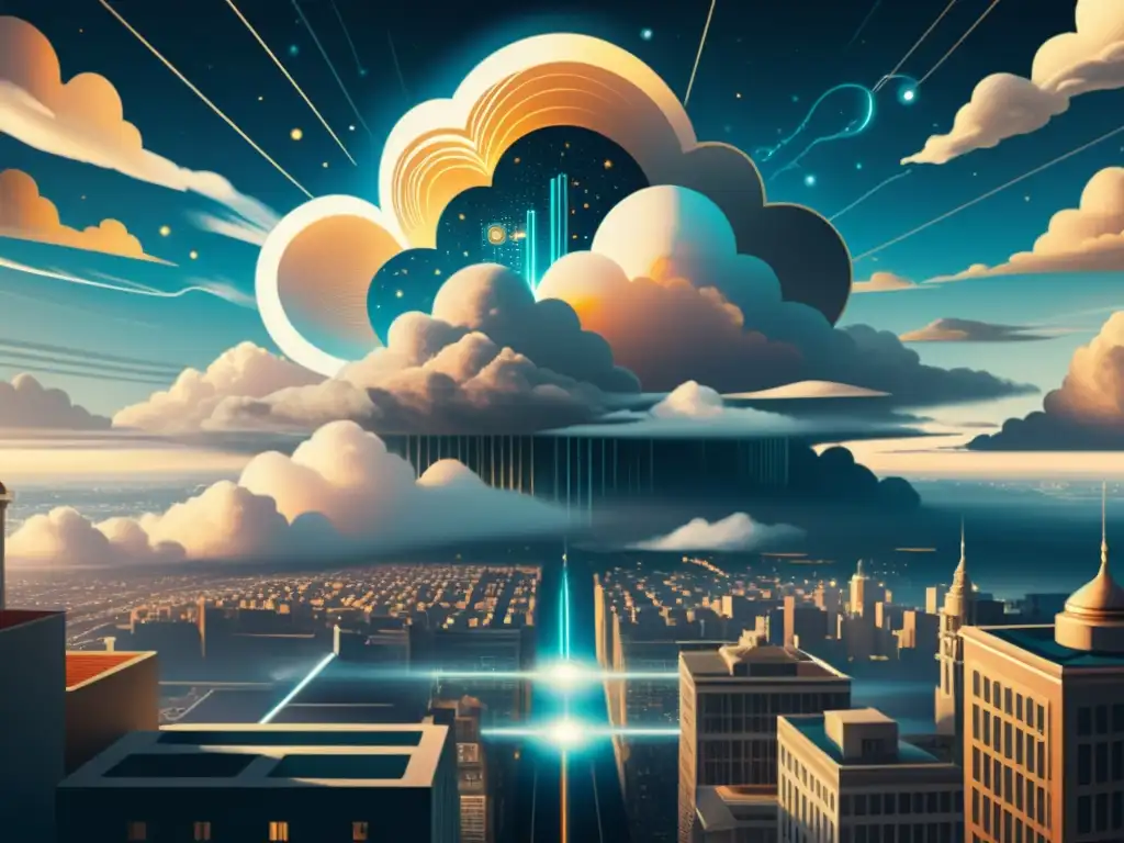 Una ilustración antigua de nubes y ciudad, fusionando lo tradicional con la innovación de la computación cuántica en la nube