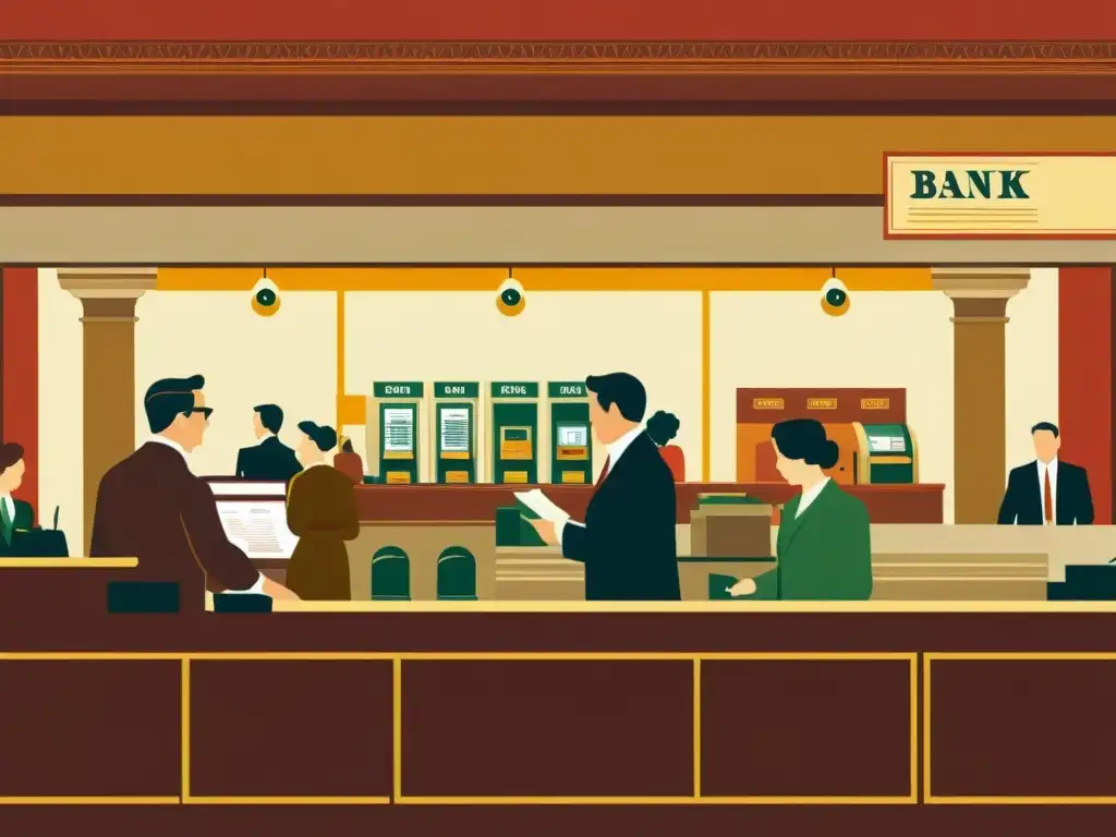 Una ilustración vintage de un bullicioso interior de banco, evocando confianza y estabilidad, con detalles arquitectónicos y un ambiente cálido