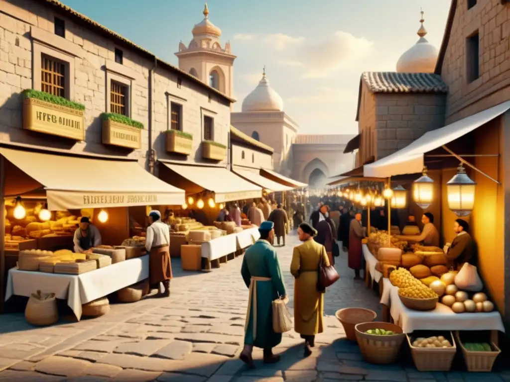 Una ilustración vintage de un bullicioso mercado, con comerciantes vendiendo y comerciando productos frente a antiguos edificios de piedra