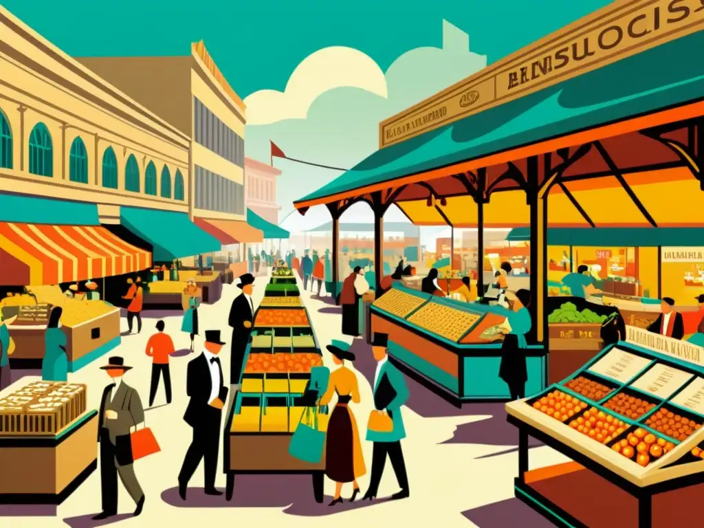 Una ilustración vintage de un bullicioso mercado con comerciantes y clientes, evocando la evolución del comercio a lo largo del tiempo con un toque nostálgico