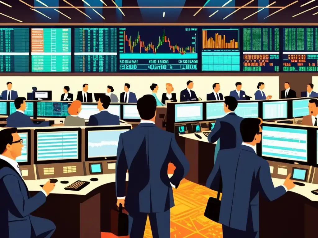 Una ilustración vintage de un bullicioso piso de trading, con traders en trajes gestualizando y gritando, rodeados de terminales de computadora y pantallas de cotizaciones antiguas
