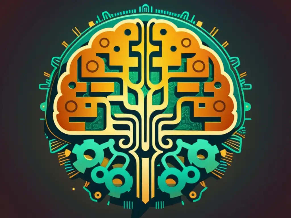 Una ilustración vintage de un cerebro humano con intrincada circuitaría y engranajes entrelazados, simbolizando la integración de la inteligencia artificial y la conciencia moral, en tonos cálidos y detalles ornamentales que evocan sabiduría