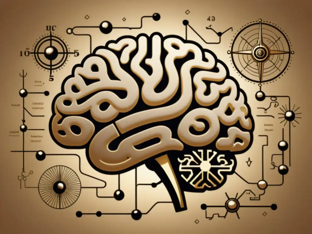 Una ilustración vintage de un cerebro humano con intrincadas redes neuronales, rodeado de instrumentos científicos y diagramas del siglo XX