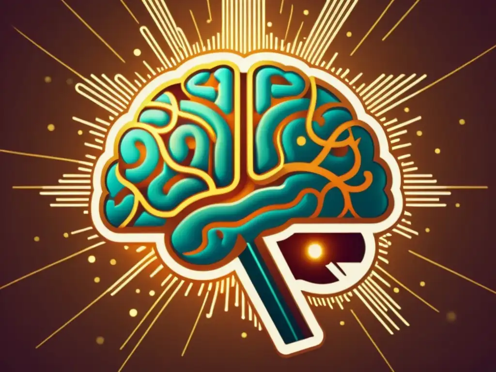 Una ilustración vintage de un cerebro humano rodeado de intrincados patrones circuitales, con rayos de luz emanando de él