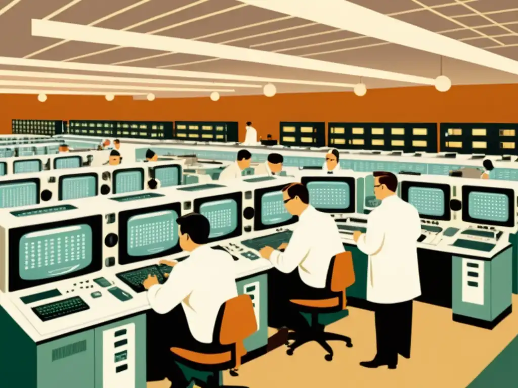 Una ilustración detallada de un bullicioso laboratorio de computación de los años 60, con enormes computadoras principales zumbando y técnicos en batas blancas trabajando diligentemente entre luces parpadeantes y carretes de cinta giratorios