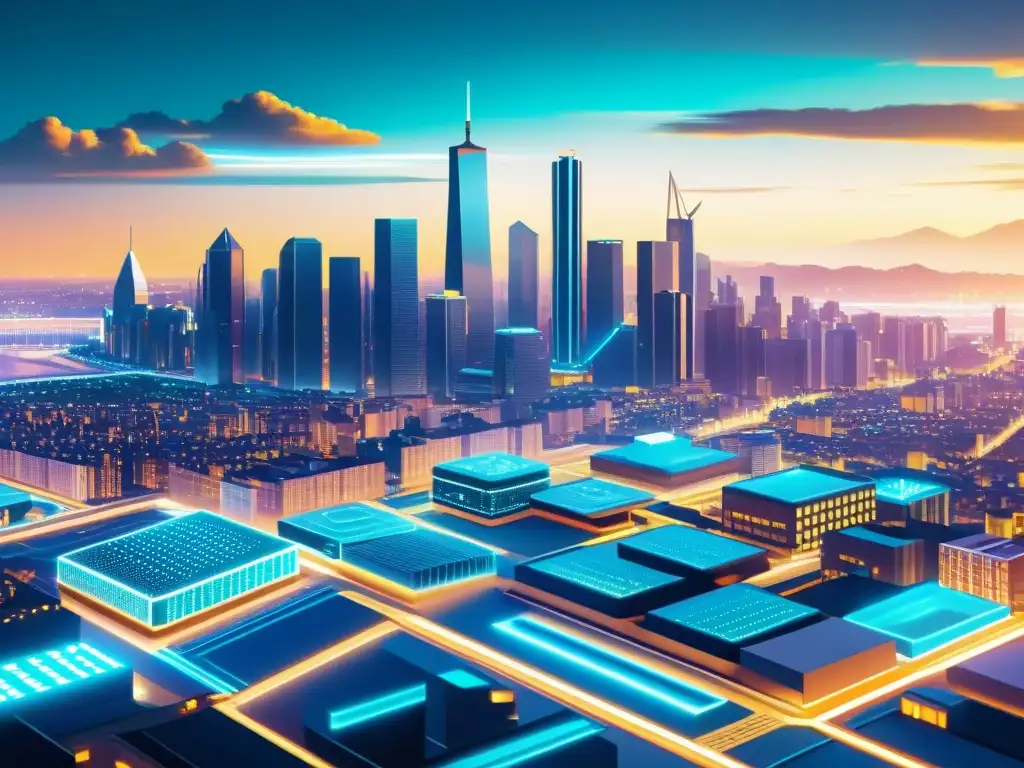 Una ilustración detallada en 8k de una ciudad futurista con tecnología blockchain integrada en la infraestructura