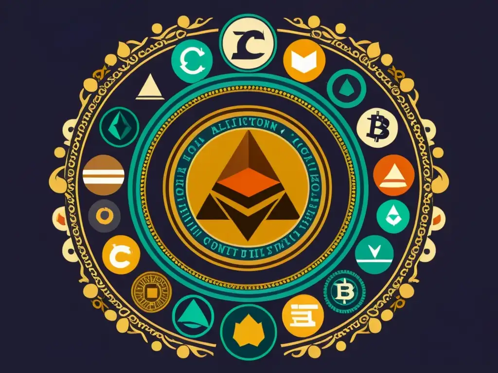 Una ilustración detallada de logos de altcoins dispuestos en círculo con adornos ornamentados, en tonos cálidos y envejecidos