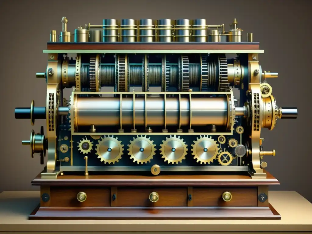 Maquinaria de Charles Babbage: Evolución tecnológica y nostalgia Una ilustración detallada de la Máquina Diferencial de Charles Babbage en un taller sepia, evocando nostalgia y evolución tecnológica