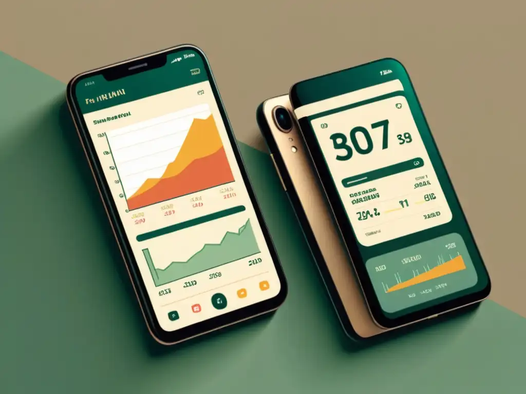 Una ilustración vintage de un elegante smartphone con una interfaz de app financiera, gráficos claros y diseño intuitivo