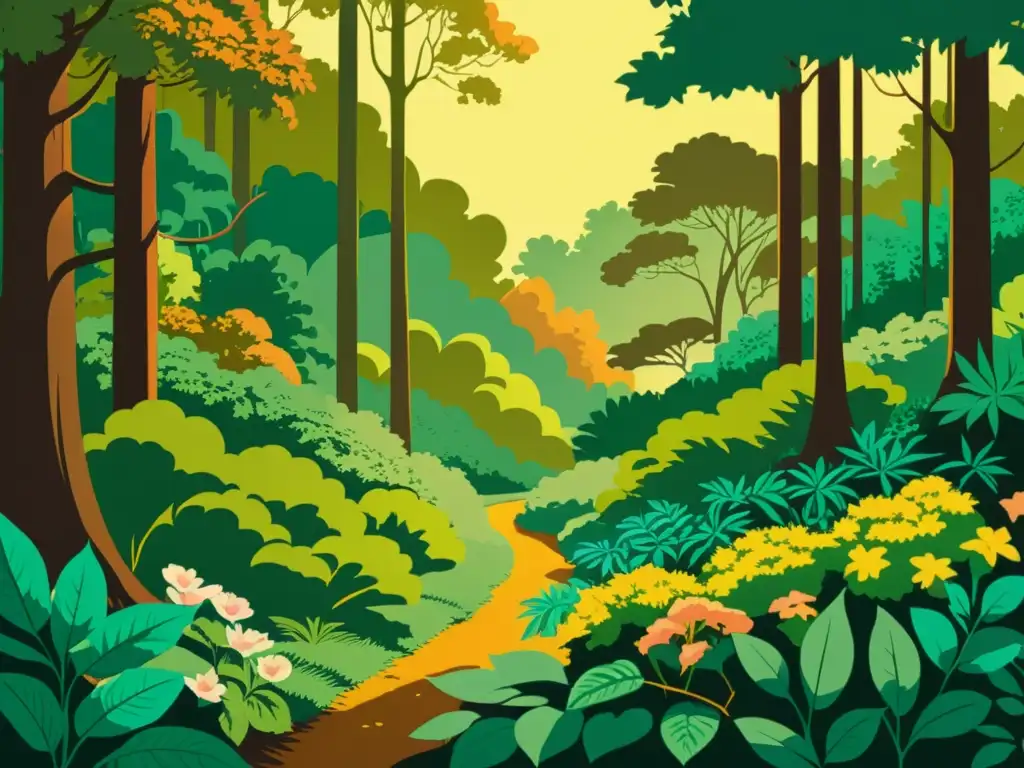 Una ilustración vintage de un exuberante y vibrante bosque con diversa flora y fauna, evocando la belleza natural y la biodiversidad