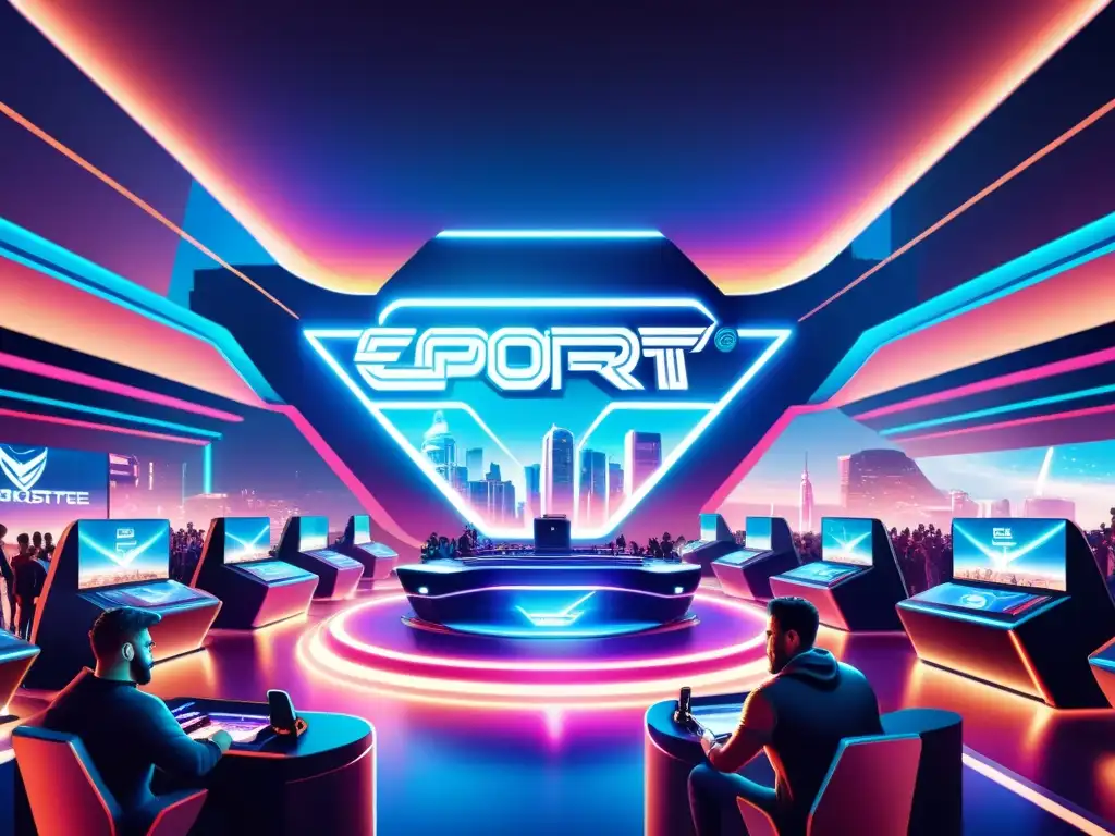 Una ilustración vintage de un futurista estadio de esports con arquitectura neoniluminada, pantallas holográficas y una multitud diversa y entusiasta