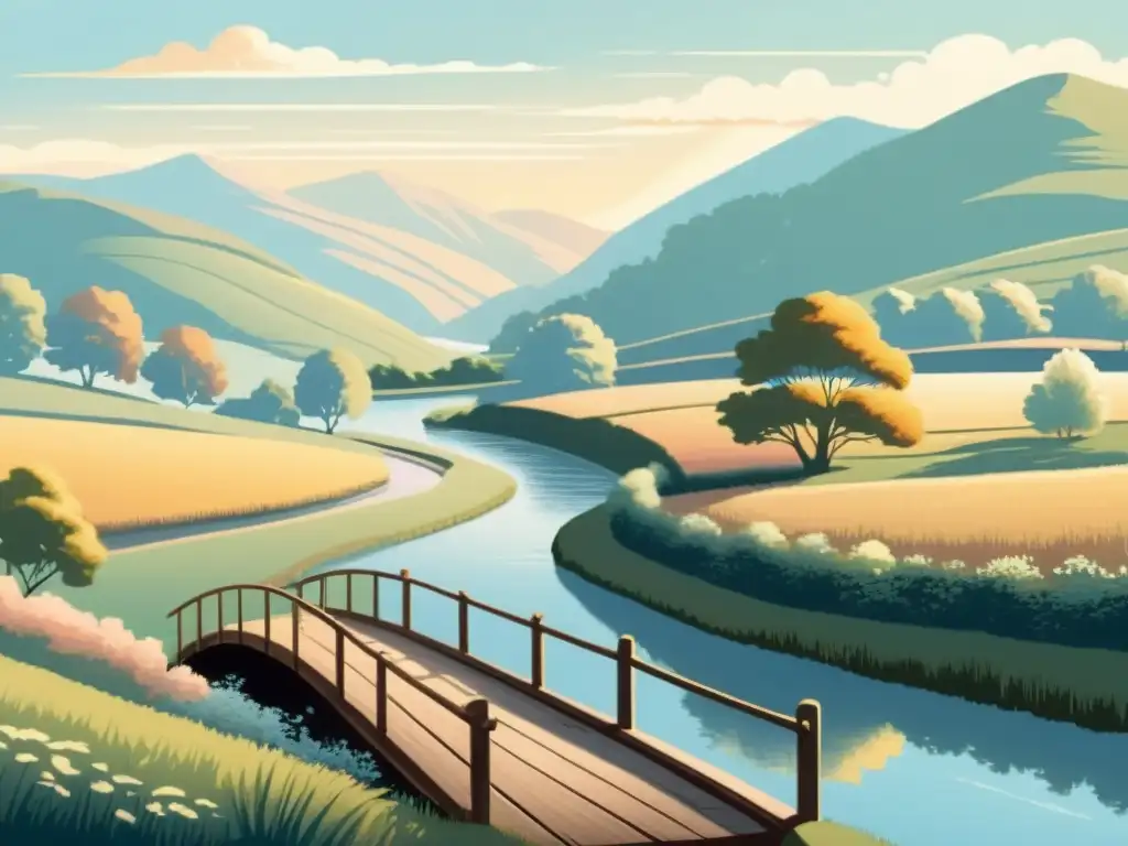 Una ilustración vintage de un idílico paisaje campestre con colinas, un río y un puente de madera