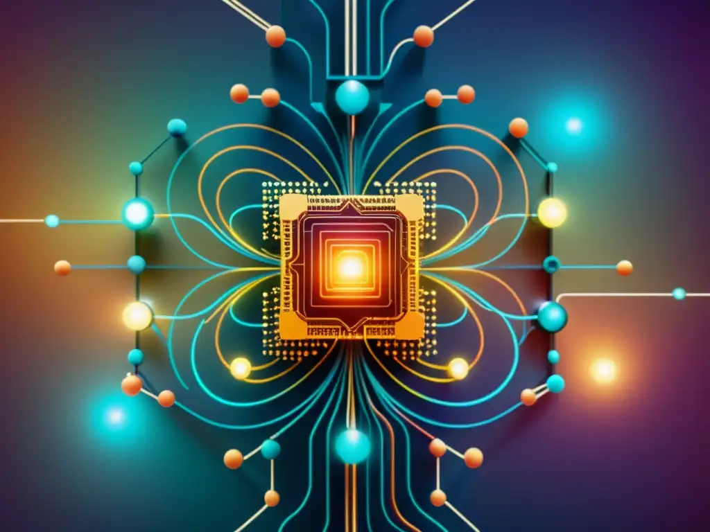 Una ilustración vintage de un ordenador cuántico sobre una red interconectada de nodos y flujos de datos, con colores vibrantes que representan la superposición de qubits