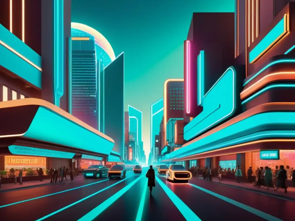 Una ilustración vintage de un paisaje urbano futurista, donde la tecnología y la arquitectura se entrelazan