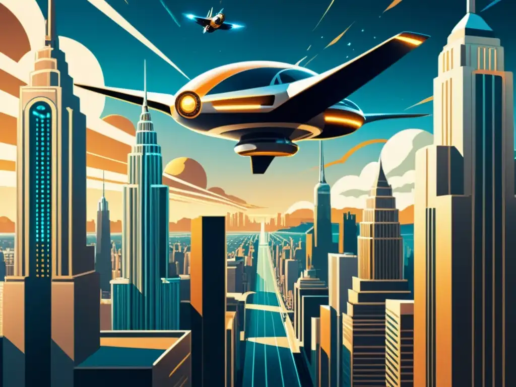 Una ilustración vintage de un paisaje urbano futurista, con edificios metálicos y autos voladores