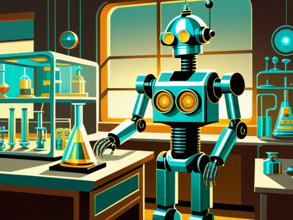 Una ilustración vintage de un robot futurista en un laboratorio, con científicos ajustando sus mecanismos