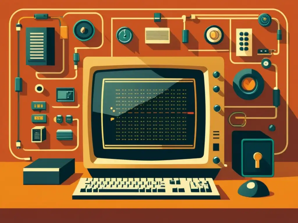 Una ilustración vintage de un sofisticado sistema informático retro con detalles intrincados en el hardware y una cálida paleta de colores nostálgicos