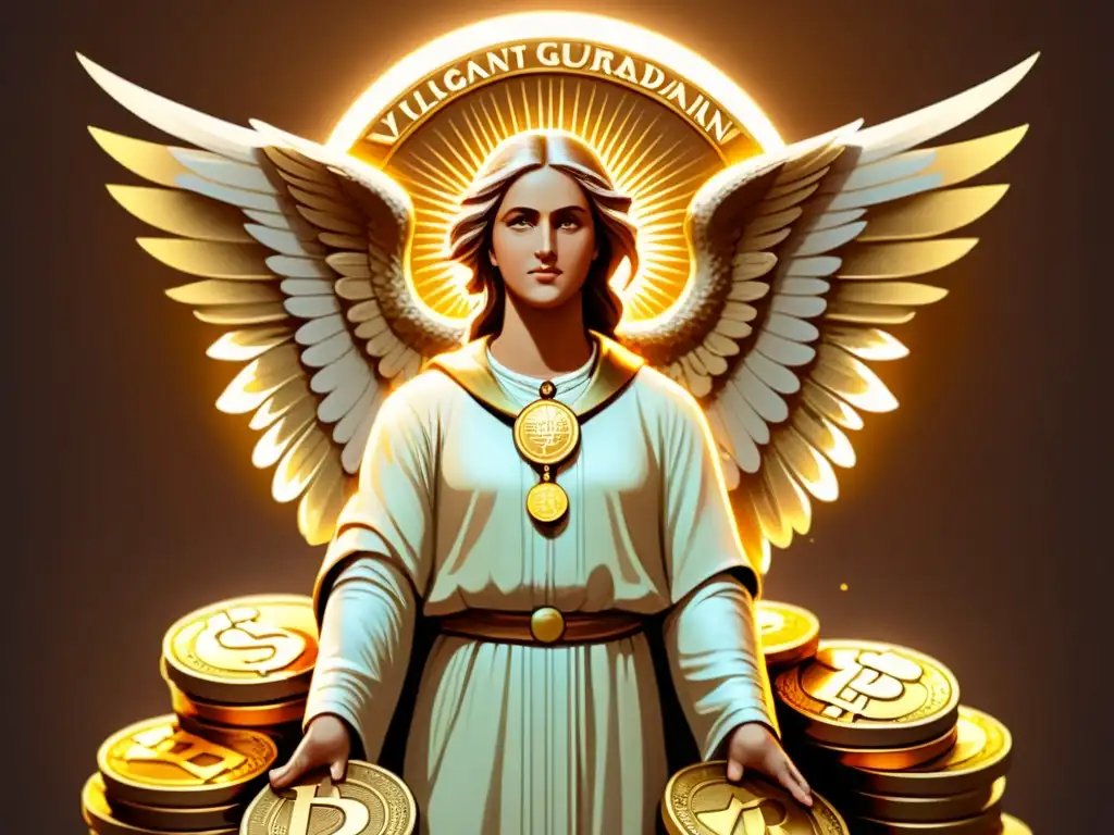 Una ilustración vintage de un ángel guardián vigilante con alas extendidas protegiendo una pila de criptomonedas