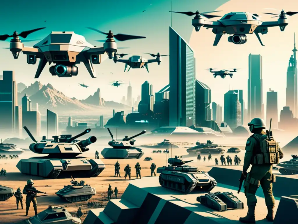 Una ilustración vintage de un campo de batalla futurista con soldados utilizando tecnología avanzada, drones volando y paisaje urbano de fondo